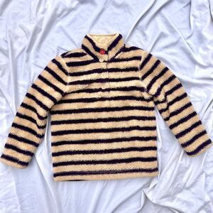 Mini Boden Girls Striped Shaggy Fleece Pullover | Size 7-8Y | Purple & Cream